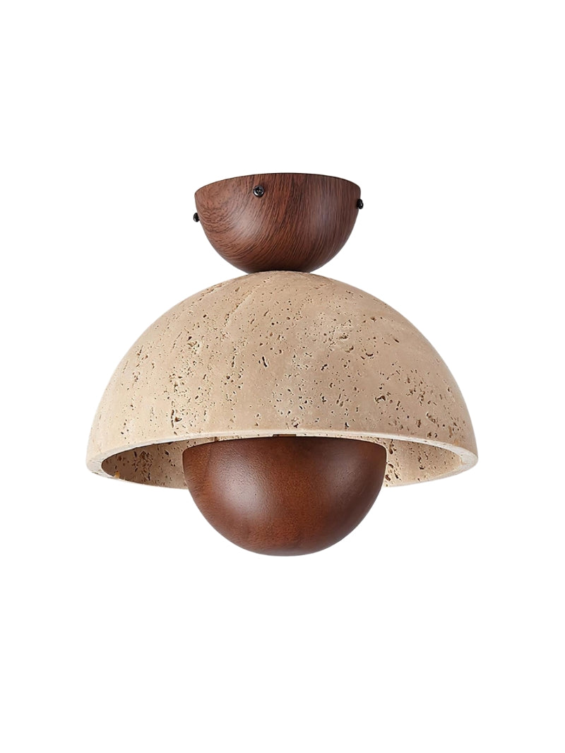Wabi-Sabi Style Travertine and Wood Half-Sphere Ceiling Light